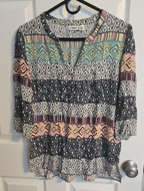 Cato Black Patterned V-Neck Top with Multicolor Accents